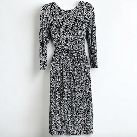 Anthropologie Maeve Black White Art Deco Surplice V Neck 3/4 Sleeve Dress - Picture 2 of 8